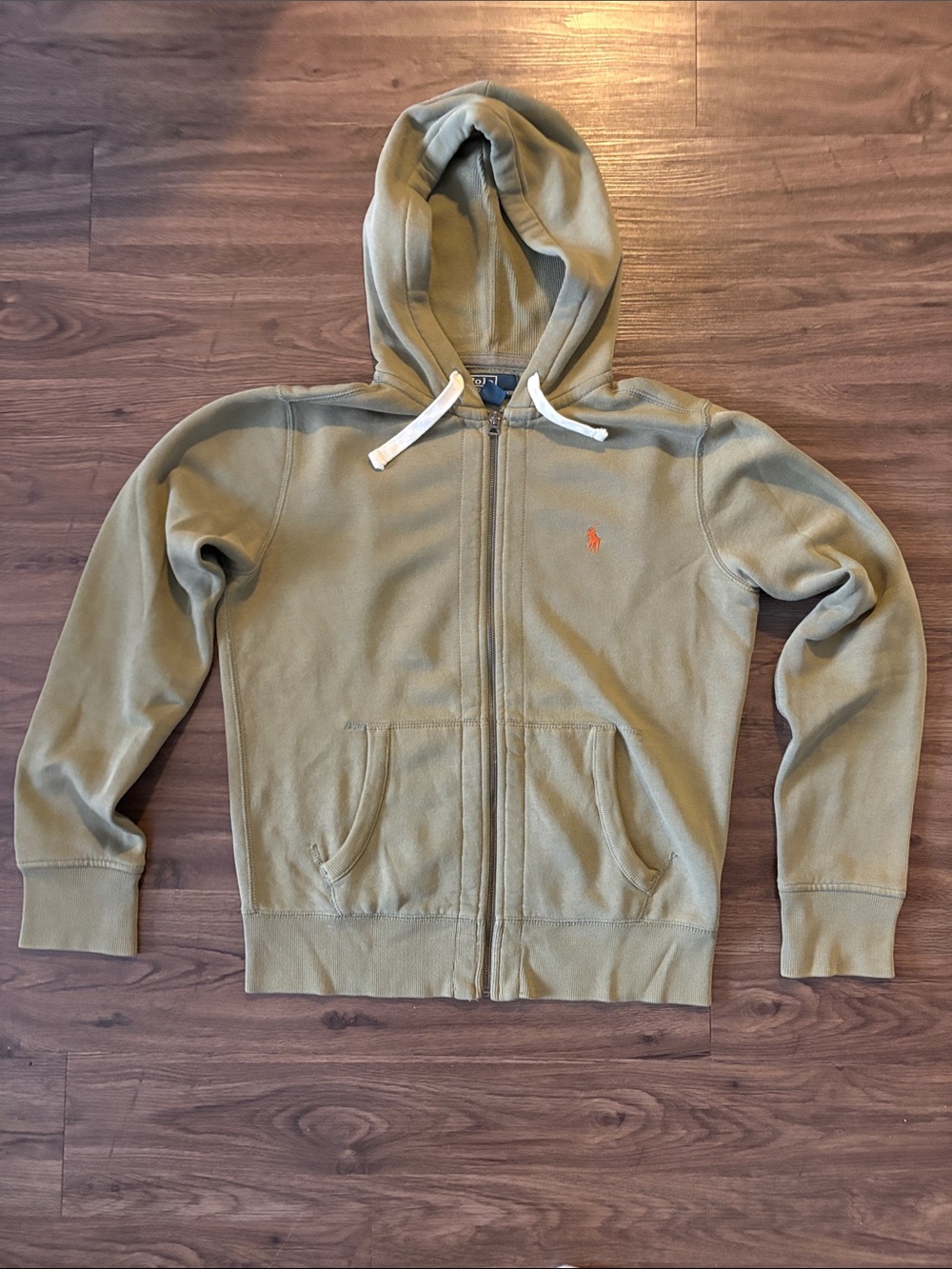 Ralph Lauren Olive Green Zip-Up Hoodie with White Drawstrings, size small